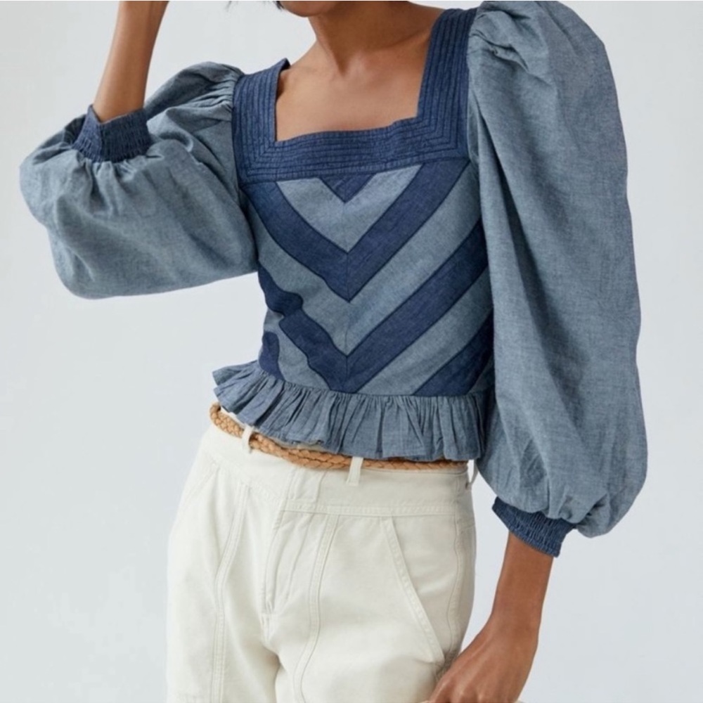 Anthropologie Love The Label Women's Smocked Puff-Sleeve Cropped Blouse Denim